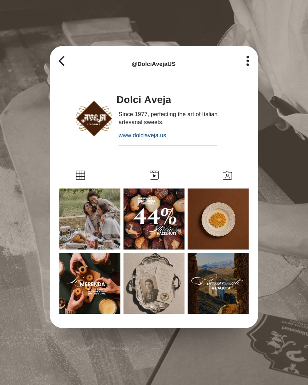 Dolci Aveja Instagram profile with the new look and feel — grid alternating product, people and place
